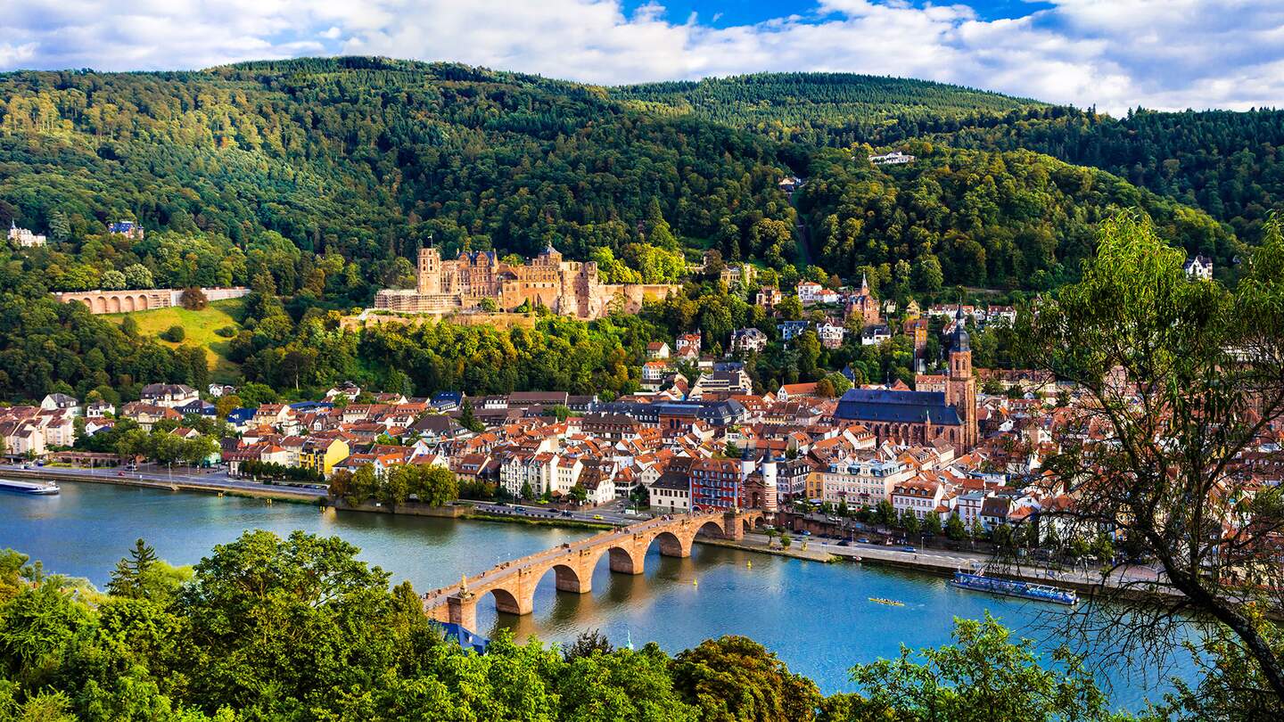 Panoramablick auf die Stadt Aschaffenburg an der Neckar und Berge im Hintergrund | © Gettyimages.com/freeartist