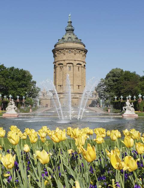 Der Wasserturm in Mannheim mit Blumen | © Gettyimages.com/manwolste