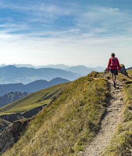 Eine ältere Frau wandert im Herbst auf dem Grat der Nagelfluhkette bei Oberstaufen im Allgäu, Bayern, Deutschland, mit dem Hochgrats-Gipfel im Hintergrund. | © Gettyimages.com/Uwe Moser