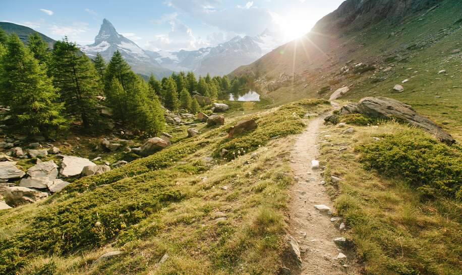 Wanderweg mit Blick auf das Matterhorn in Zermatt bei Sonnenschein | © © Gettyimages.com/4maksym