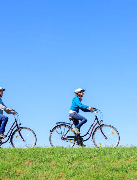 Paar fährt mit dem fahrrad bei blauem Himmel auf strahlend grünem Deich  | © Gettyimage/FredFroese